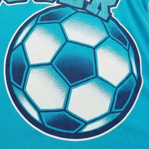 Justice Girls Size 18 Crew Neck Short Sleeve Aqua Blue Glitter Soccer Tee Shirt - Picture 4 of 7